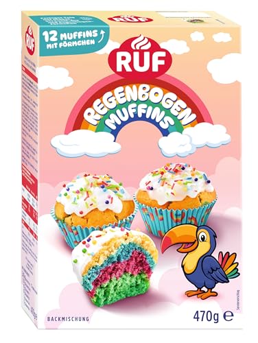RUF Regenbogen Muffins Backmischung für 12 bunte Muffins mit Zuckerglasur und Streuselmix inkl. Regenbogen-Förmchen perfekt für gemeinsames Backen oder Kindergeburtstage