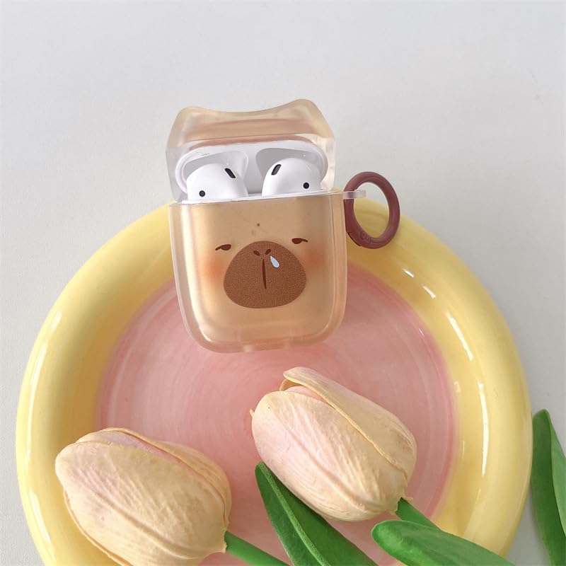 Image of Transparent Clear Earphone Case for AirPods 4, Cute Lovely Cat Face Soft TPU Silicone Case, Kitty Ear AirPods 4 Cover Protective Skin Shockproof Protector for iPod Earbuds -Capybara