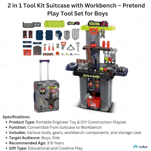 Image of FunBlast Kids 2 in 1 Tool Kit Suitcase with Workbench - Pretend Play Tool Set for Boys, Portable Engineer Toy with Tools, DIY Construction Playset Gift for Kids 3-8 Years (Big-42 Pcs)