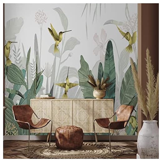 Art Murals Fototapet Non-woven, 420 х 280 cm, väggmålning, gröna löv, fåglar, sovrumstapeter, barnrum, väggdekoration, heminredning , tapet