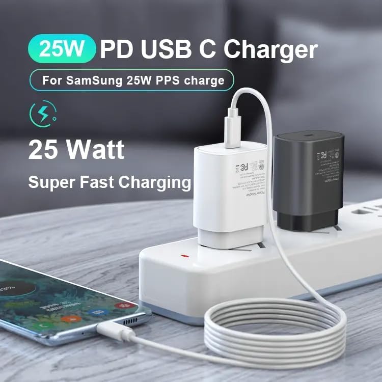 Image of 25W Original Type C Adapter Superfast Charging Compatible with Samsung S25 /S20 FE /S20+ /S21 /S21+ /S21 FE /S21 Ultra /S22 /S23 /M14 5G /M15 /M32 /M33 5G /M34 /A05 /A15 /A35 /A54 /F14-White