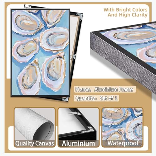 Image of Pastel Blue Oyster Shell Poster Abstract Coastal Shell Canvas Wall Art Funky Colorful Summer Beachy Picture Prints Painting For Home Living Room Kitchen Restaurant Wall Decor 8x12in Framed