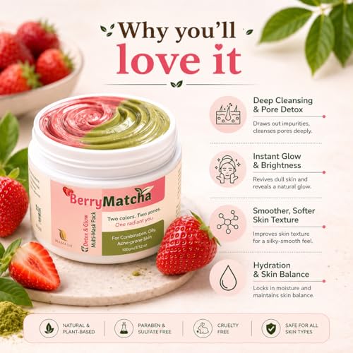 Image of Mamash Organics BerryMatcha Instant Detox & Glow Multi-Mask 100g | Matcha & Strawberry 2-in-1 Face Pack | DIY Texture Clay Mask for Oily & Dry Zones | Pore Detox, Hydration & Brightening | Ayurvedic