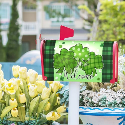 Image of St.Patrick Day Green Shamrocks Mailbox Covers Magnetic Lucky Clover Leaves Mailbox Cover Standard Size 25.5 X 21 St.Patrick Decor Mailbox Wrap Post Letter Box Cover Decorative for Home Garden Outdoor