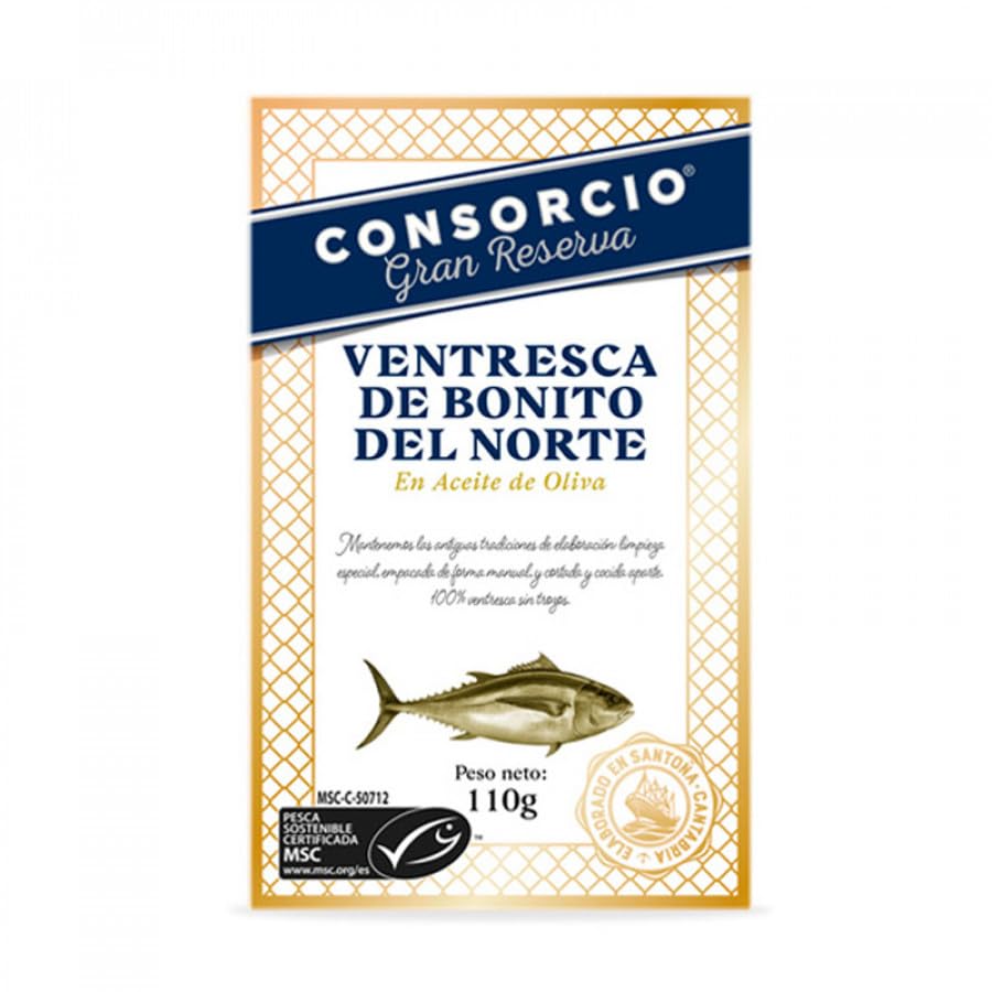 Consorcio Gran Reserva Ventresca de Bonito del Norte en Aceite de Oliva 110 g – Filetes de Atún Blanco Gourmet del Cantábrico – Pesca Sostenible MSC – Ideal para Regalo o Cestas Gourmet