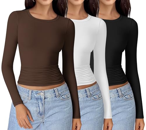 Ekouaer Womens 3 Pack Long Sleeve Shirts Ruched Side Fitted Undershirts Round Neck Underscrubs Thermal Tops XS-XXL
