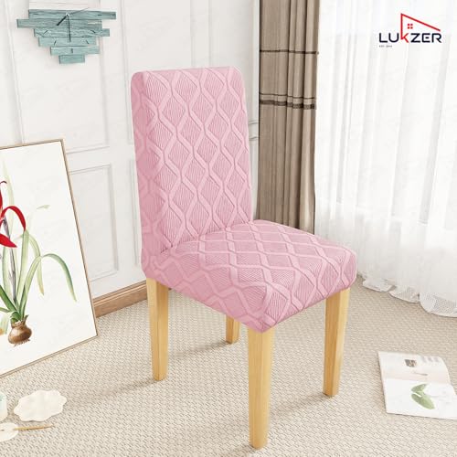 Image of Lukzer Elastic Dining Chair Cover - 2PC Pastel Pink Diamond Pattern | Textured High Stretch Jacquard Seat Cover | Removable Washable Short Dining Chair Cover Protector Seat Slipcover | (CC-154-02)
