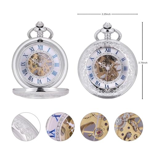 Image of ManChDa Pocket Watch Retro Smooth Classic Mechanical Hand-Wind Pocket Watch Steampunk Roman Numerals Fob Watch for Men Women with Chain + Box