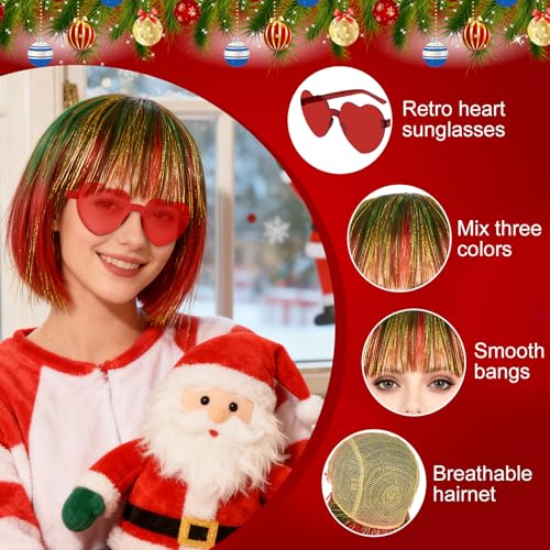 Image of PLULON Red-Green-Gold Bob Wig with Heart Sunglasses for Women Men, Colorful Short Funny Bob Wigs with Bangs and Hair Cap Colored Cosplay Hairpieces for Christmas Halloween Costume Neon Birthday Party