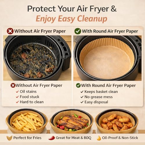 Image of SNMMIFER 100 Pcs Round Air Fryer Paper Sheets, Disposable Parchment Airfryer Paper Sheets, Air Fryer Liners for 5-8 QT, Oil-Proof, Heat Resistant for Frying, Baking, Cooking, Roasting and Microwave