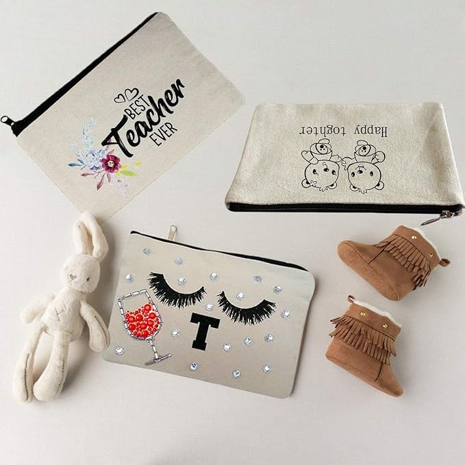 Dhamee Cotton Canvas Bags for Crafts White Blank DIY Makeup Bags Pencil Case Canvas Pouch for Travel, Party Gift,Travel Toiletry with Black Zipper Makeup Bag Cosmetic Bag Multipurpose (12) 4