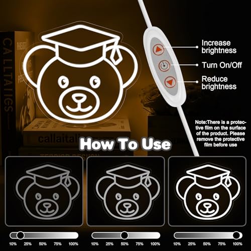 Image of Bear Neon Sign for Wall Decor,Dimmable Bear with Graduation Hat Neon Light,White Grad Light Up Signs for Class of 2025 Graduations Background Decoration Celebration Gifts