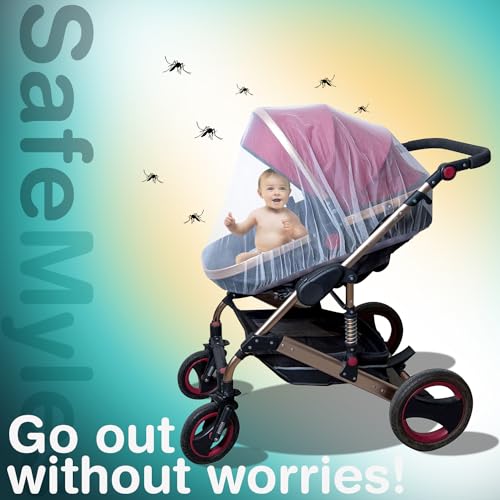 Image of SafeMyles Stroller Mosquito Net for Babies, Carriers, Car Seats, and Cradles - 29 x 21 inches, White (1 Pack). Includes a Free Jute Linen Carry Pouch.