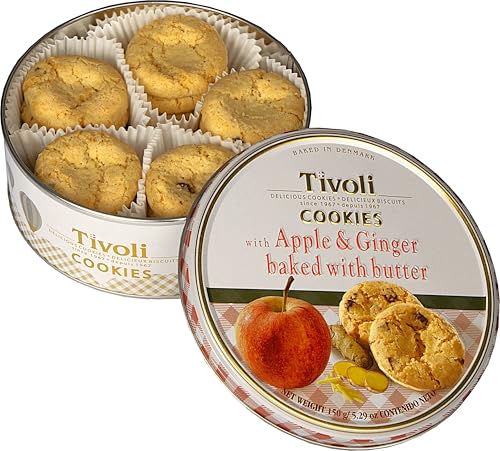 Jacobsens of Denmark Tivoli Butter Cookies with Apple & Ginger 150g - SMALL Tin (139mm diameter x 55mm height) - Traditional Biscuit Tin Gift for Women, Men & Kids