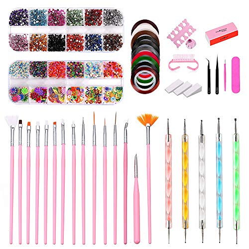 Nail Art Brushes,Marvotek 3D Nail Art Professional Supplies With Glitter Nail Rhinestones,Nail Dotting Pen,Nail Striping Tapes,Nail Polishing,Diy Tools Set For Girls Nail Decoration Manicure