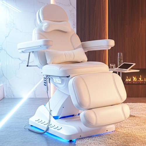 4-Motor Electric Massage Table with Built-in Charging Station, Dual Remote Control, Professional Spa Bed, Facial Chair for Esthetician, Salon & Medical, Adjustable Height & Angle, Rolling Base (White)