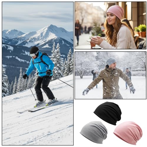 RQcMid 3 Stück Beanie Damen, Dünne Baumwollmützen, Atmungsaktive Chemo Kopfbedeckung Damen, Dünne Baumwolle Schlafmütze, Weiche Mütze Für Yoga, Schlaf Und Alltag, Schwarz, Grau, Pink