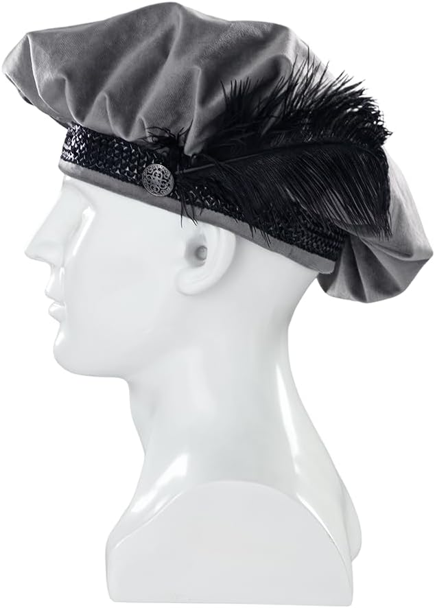 Willyacos Medieval Tudor Hat with Feather Velvet Renaissance Muffin Hat Tudor Flat Cap Minstrel Costume Elizabethan Hat Men - Image 4