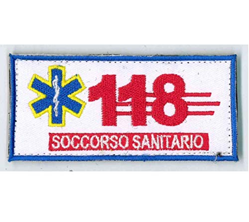  TOPPA PATCH A STRAPPO - SOCCORSO SANITARIO 118 - SCRITTE E DISEGNI RICAMATI - DIM. 9,8 x 4,5 cm