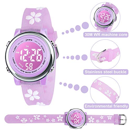 Kids Watch 3D Cartoon Toddler Wrist Digital Watch Waterproof 7 Color Lights with Alarm Stopwatch for 3-10 Year Boys Girls Little Child (Flower Purple)2