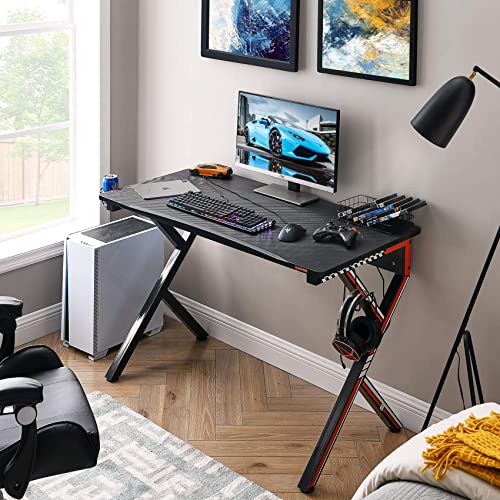 Mr Ironstone Gaming Desk 45.2'' With Power Outlets, Computer Desk Gaming Table Carbon Fiber Surface Pc Gamer Workstation Laptop Study Table, Home Office Desks With Cup Holder, Headphone Hook, Black #TOP7