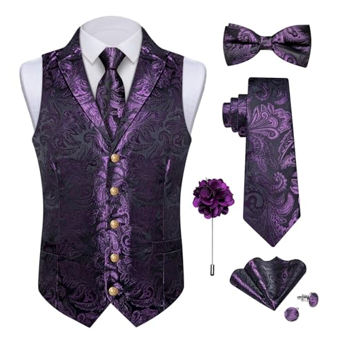 DiBanGu Silk Paisley Vest for Men Wedding Waistcoat and Necktie Bowtie Lapel Pin Set 7PCS Dress Vests for Suit or Tuxedo