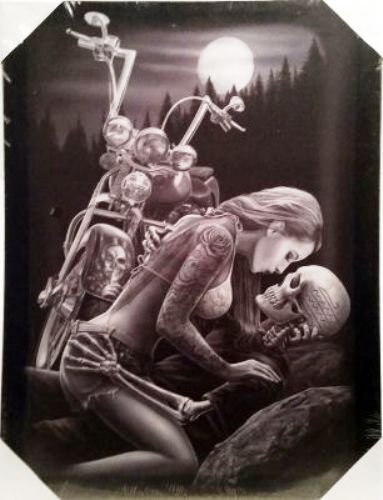 DGA Day of The Dead Rod Motorcycle Stretched Canvas Wood Framed Wall Art 12x16 Inches - Lovers