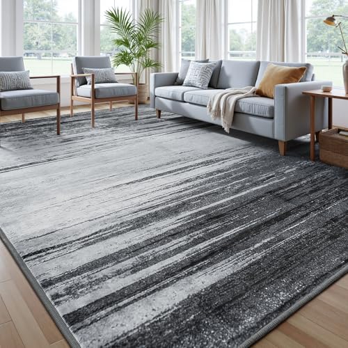 Rugflix 8x10 Area Rug, Washable Rug for Living Room, Non Slip, Soft Low Pile, Modern Abstract Grey Black Rug for Bedroom, Dining Room, Home Office, Indoor Floor Carpet
