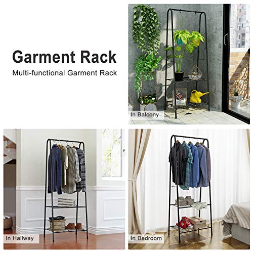 Homebi Garment Rack Metal Clothing Rack Coat Organizer Laundry Closet Storage Entrway Shelving Unit with Hanger and 2-Tier Durable Shelf for Shoes Clothes Storage in Black, 23.6”Wx13.19”Dx63”H