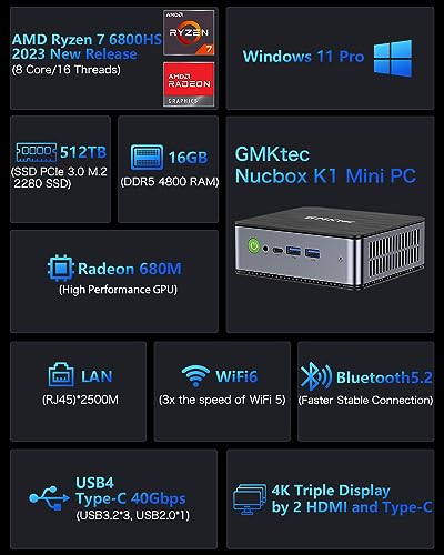 Gmktec K1 Mini Powerhouse Gaming Computer Amd Ryzen 7 6800H (8C/16T, 4.70Ghz), Mini Gaming Pc 16Gb Ddr5+512Gb M.2 2280 Pcle Ssd Amd Radeon 680M, Windows 11 Pro, Wifi 6, Bt 5.2, Dp, Rj45 2.5G #TOP2