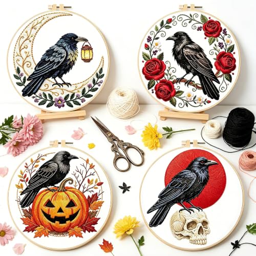 Image of BEUNITONE 4 Set Halloween Embroidery Kits for Beginners, Crow Design with Pre-Stamped Pattern Craft Kits Include Instruction and Hoops, 7.9 inchx7.9 inch Needlepoint Kits for Festival Gifts and Home Decor