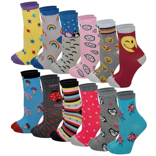 Ayla 12 Pairs Pack Kids Girls Colorful Creative Fun Novelty Design Crew Socks (6-8, Assorted Fancy)