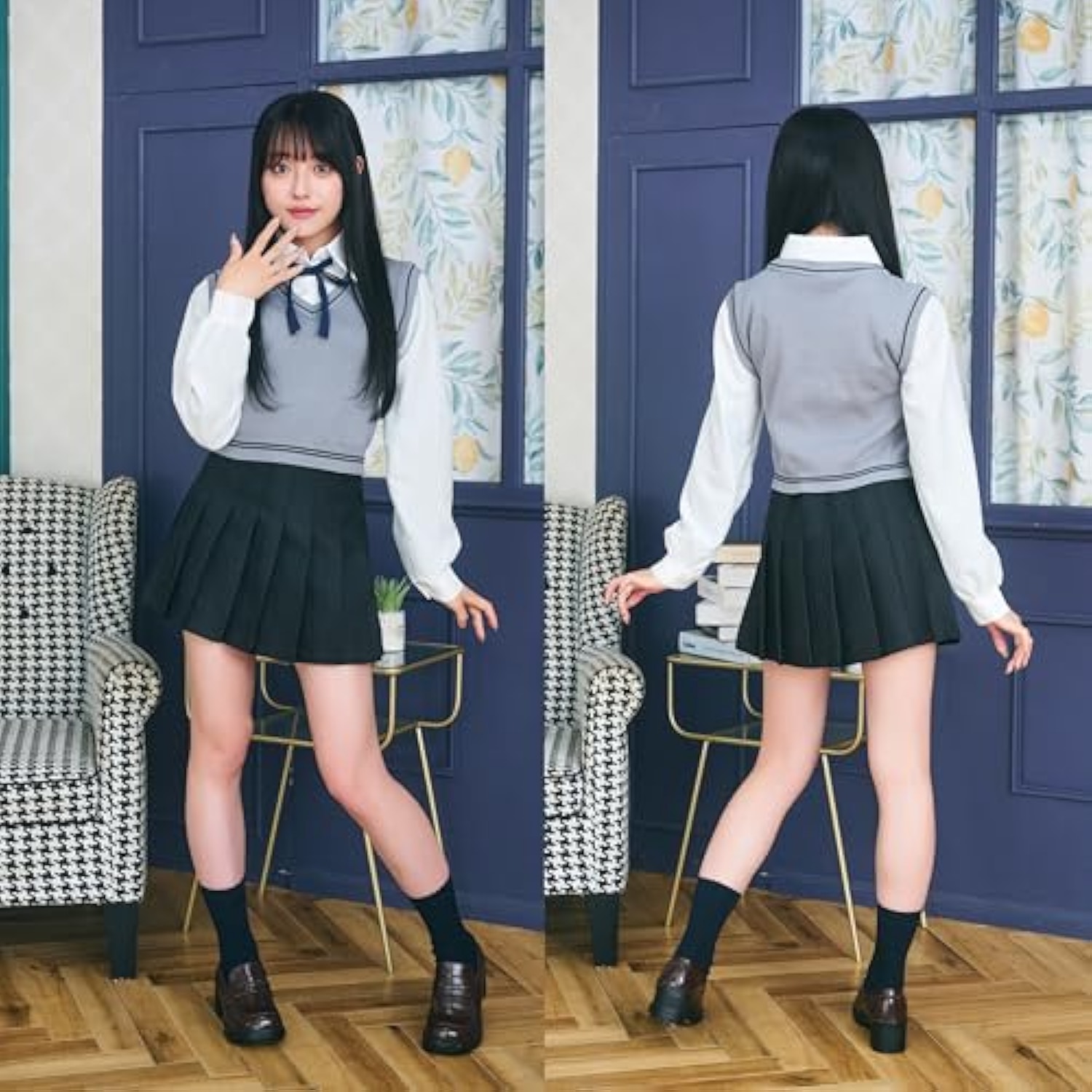 クリアストーン(Clearstone) オルチャンセーラー コスプレ ハロウィン ニットベスト レディース グレー×ブラック 詳細画像4
