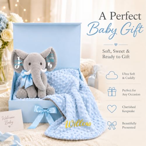 Image of Personalized Baby Blanket with Elephant Set for Baby Boy Gifts | Custom Baby Blanket with Name, Customized Blankets & Elephant Gift Set for Birthday, Flannel Dot Swaddle Gift for Baby Shower