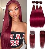 99j Burgundy Human Hair Bundles with Closure 14 16 18+14 Free Part 10A Wine Red Straights Human Hair With 4x4 HD Lace Closure Brazilian Remy Hair Weave 3 Bundle and Closure