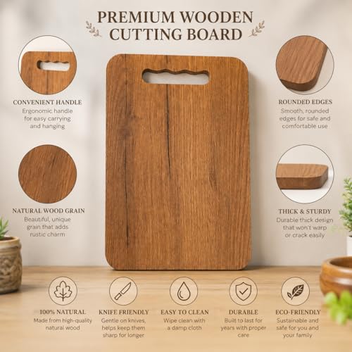 Image of Wooden Bamboo Cutting Board with Antibacterial Surface with Stainless Steel Handle, Chopping Board for Kitchen, Cutting Board for Kitchen(Wooden Chopping Board 22 x 32 CM)