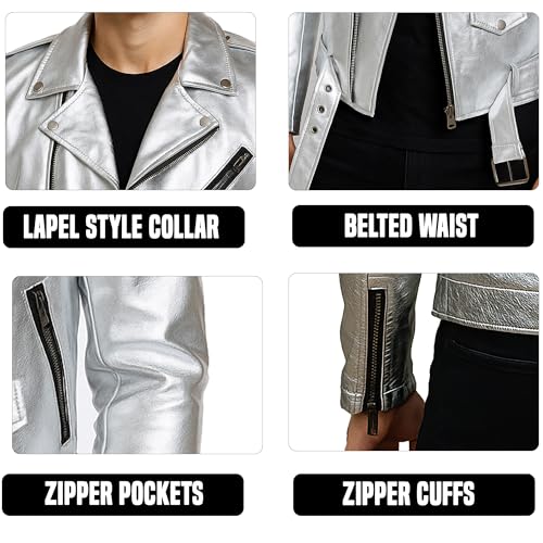 Men's Casual Wear Shiny Silver Motorcycle Jacket - Slim Fit Brando Biker Belted Leather Coat3