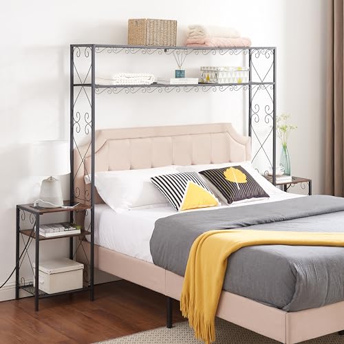 MATONELL Queen Bed Frame with Storage Headboard & 2 Nightstands - Rustic Brown Wood & Iron Bookcase Headboard with Shelves Easy Assembly Bedroom Furniture Set