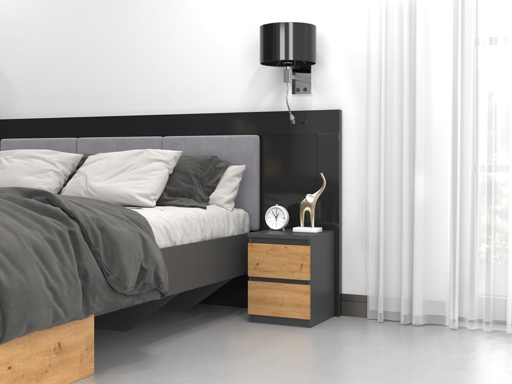 3E 3xE living.com Comodino, consolle da notte con 2 cassetti in antracite e rovere artisano con piano (larghezza x altezza): 30 x 40 x 30 cm