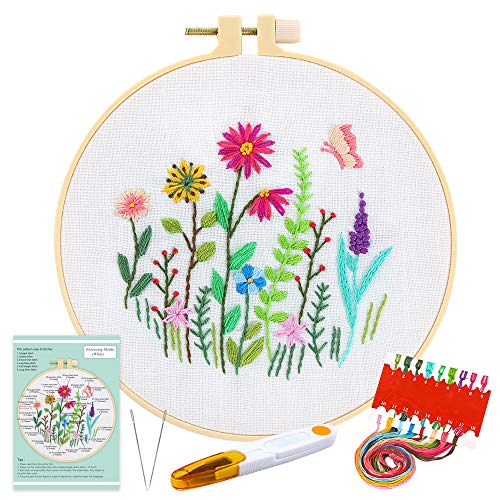 Pllieay - Kit de bordado de gama completa con patrón e instrucciones, ropa bordada blanca con patrón floral, aros de bordado de plástico, hilos de colores y herramientas