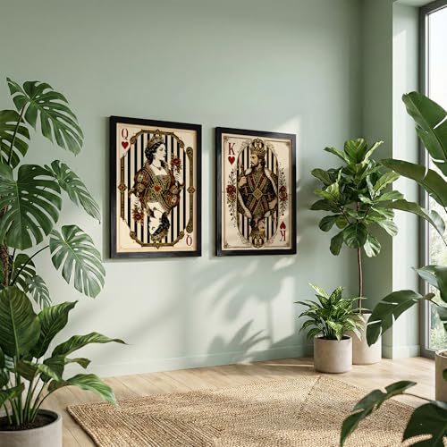Image of NoWorries Vintage King & Queen of Hearts Playing Card Wall Art Set of 2, Framed Casino Card Prints, Royal Couple Gothic Decor, Poker Room Wall Decor, Antique Victorian Playing Card Artwork for Game Room (Art-12, 13x19inch)