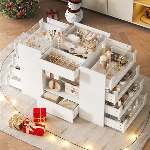 LIVAUVEAD Closet Island with Drawers, Wardrobe Armoire Bedroom Island, Glass Display Shelf & 12 Drawers, White Dresser with Glass Top, Walk-in Closet Island for Bedroom, Cloakroom