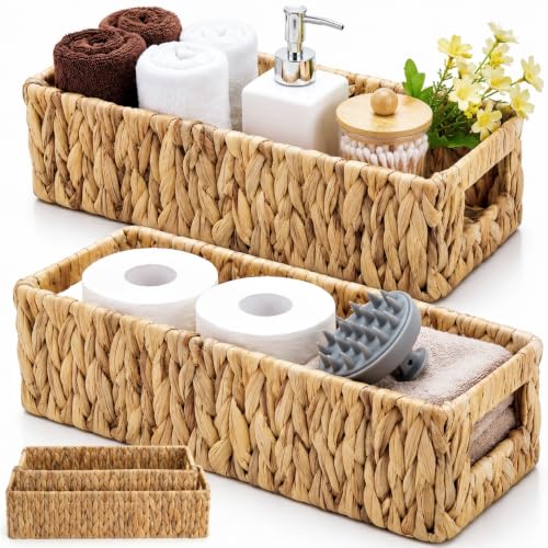 Eorbow 2 Pack Wicker Storage Baskets, Water Hyacinth Holder for Toilet Paper, Rectangular Natural Bins with Built-in Handles, Handwoven Organizer for Bathroom Kitchen Pantry Tank Top, 2 Sizes