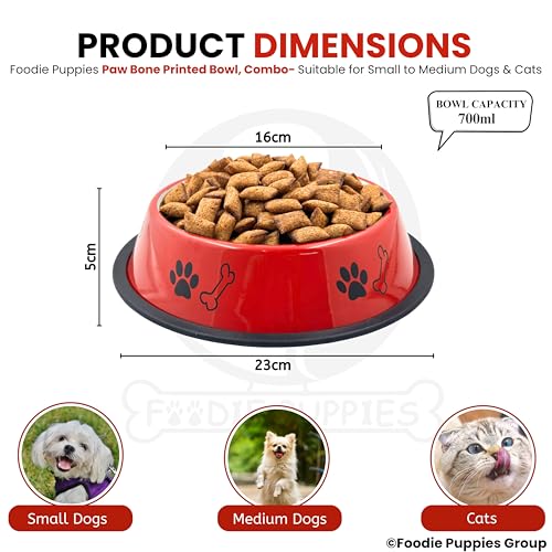 Image of Foodie Puppies Stainless Steel Dog Bowl Combo - (Medium, 700ml) Food and Water Feeding Gift Bowl | Suitable for Dogs, Cats and Other Pets I Paw Bone Print, Anti-Skid Rubber Base (Red + Orange)