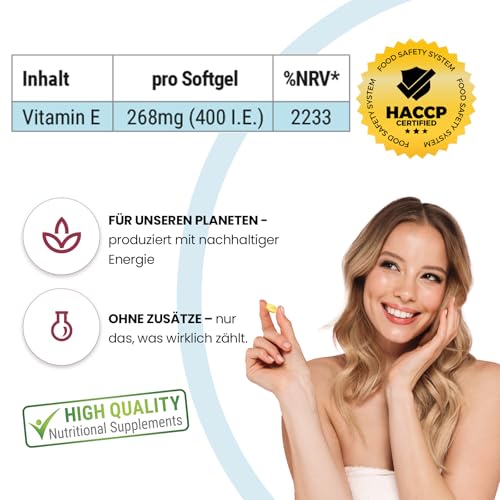 Vitamin E 400. I.E. - 120 Softgels für 120 Tage - Antioxidans -Zellschutz | Qualität aus Deutschland von ViVe Supplements