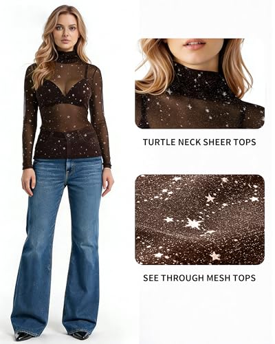 Image of MANGOPOP Womens Mesh Tops Short Sleeve Glitter Sheer Top Sexy Stretchy See Through Sparkly Shirts Going Out Basic Tee Blouse, Brown, Small