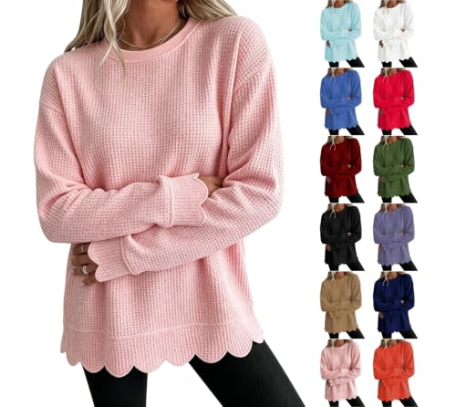 Waffle Knit Tops for Women Crew Neck Scalloped Sweatshirt Casual Blouses - image 1