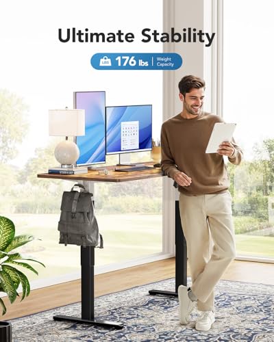 Image of HUANUO Electric Standing Desk, Whole Piece Desktop, Adjustable Height Computer Desk, 4 Height Memory Settings, Sit Stand Up Desk for Home Office, 60 inch x 24 inch, Vintage