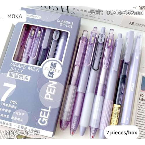 Image of 7 PCS Pastel Purple Gel Pen Set,Aesthetic Stationery Kit with 0.5mm Black Ink,Smooth Writing Gel Pens With Mechanical Pencil,Highlighter,Correction Pen&Marker,Cute School Supplies for Students