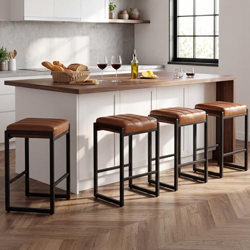 LSSBOUGHT Butacos modernos sin respaldo de 26 pulgadas, juego de 4 taburetes para barra con estructura de metal y tapizado en cuero sintético marrón, para isla de cocina miniatura 1